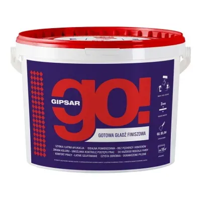 Wykonywanie gładzi - na powierzchni ścian i sufitów, wewnątrz budynków. Całopowierzchniowe szpachlowanie płyt gipsowo-kartonowych.

Dostępne opakowania - pojemniki plastikowe 18 kg.
Główne właściwości

    GIPSAR GO! produkowany jest jako gotowa masa na bazie spoiw żywicznych, wypełniaczy mineralnych i dodatków modyfikujących.
    Łatwe nakładanie - specjalnie dobrana konsystencja pozwala na łatwą aplikację pacą, wałkiem lub agregatem.
    Możliwość nakładania metodą „mokre na mokre” - kolejną warstwę można nakładać na wstępnie związaną warstwę wcześniejszą, co znacznie skraca czas wykonywanych prac.
    Komfortowy, długi czas obróbki - gładź zaprojektowana tak, by gwarantować komfort pracy wykonawcy; zagładzanie naniesionej na powierzchnię masy można wykonywać bez pośpiechu, a łączenia pól roboczych pozostaną niewidoczne.
    Idealna powierzchnia, bez pęcherzy i kraterów - specjalnie selekcjonowane wypełniacze mineralne o optymalnym uziarnieniu, umożliwią uzyskanie bardzo gła