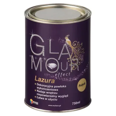 Glamour Effect Lazura służy do osiągania oryginalnych efektów dekoracyjnych wewnątrz pomieszczeń na powierzchniach uprzednio pomalowanych farbami białymi lub kolorowymi. Wydobywa głębię i nasycenie koloru nadając wykończenie matowe lub z połyskiem. Zapewnia nie tylko wyjątkowy efekt dekoracyjny, ale dzięki swym właściwościom zabezpiecza przed zabrudzeniami i nadaje odporność na zmywanie i szorowanie. Glamour Effect Lazura jest szczególnie polecana do malowania wszelkich pomieszczeń narażonych na częste zabrudzenia (m.in. przedpokoi, kuchni, pokoi dziecięcych oraz klatek schodowych). Doskonale też sprawdzi się w przypadku malowania lamperii.