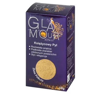 Metaliczne brokaty Glamour Effect Księżycowy Pył po dodaniu do Lazury służą do tworzenia oryginalnych efektów dekoracyjnych wewnątrz pomieszczeń na powierzchniach uprzednio pomalowanych farbami białymi lub kolorowymi. Zastosowanie Glamour Effect Księżycowy Pył daje możliwość uzyskania różnorodnych efektów optycznych, które odmienią charakter każdego wnętrza. Błyszczące drobinki zawarte w Glamour Effect Księżycowy Pył dodane do Lazury Glamour Effect sprawią, że powłoki nabiorą delikatnego blasku.