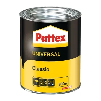 Klej kontaktowy Pattex Universal Classic przeznaczony jest do trwałego klejenia materiałów drewnianych z dekoracyjnymi płytami z tworzyw sztucznych i laminatami. Pattex Universal Classic może także służyć do układania izolacji dźwiękoszczelnej i płyt akustycznych (nie polistyrenowych), odpowiednich płytek z tworzyw sztucznych i okładzin ściennych różnego typu (poza miękkim PCW-U i sztuczną skórą). Służy także do klejenia taśm fornirowych na krawędziach i łukach. Uszczelnianie brzegów litych elementów drewnianych i sklejek przed wilgocią oraz wpływami atmosferycznymi.