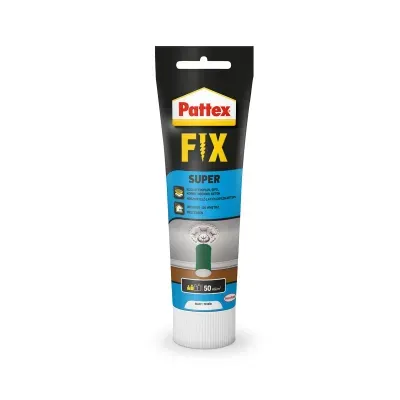 Pattex FIX Super to uniwersalny, jednoskładnikowy klej dyspersyjny niezawierający rozpuszczalnika, zastępuje śruby, gwoździe, kołki itp. Trwale przykleja: listwy ścienne i cokołowe, płyty dekoracyjne, profile ozdobne, listwy drewniane, tabliczki na drzwi itp.