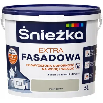 Farba akrylowa do fasad i wnętrz Śnieżka Extra Fasadowa daje matowe, trwałe, odporne na warunki atmosferyczne i w pełni pozwalające "oddychać ścianom" powłoki. Przeznaczona jest do ochronnego i dekoracyjnego malowania elewacji budynków i ścian wewnątrz pomieszczeń. Doskonale przyczepna do podłoży cementowych, cementowo-wapiennych, gipsowych, gipsowo-kartonowych, drewnianych i drewnopochodnych.

- fasady i wnętrza
- odporna na ścieranie
- trwałe i żywe kolory
- odporna na warunki atmosferyczne
- zapewnia "oddychanie ścian"
