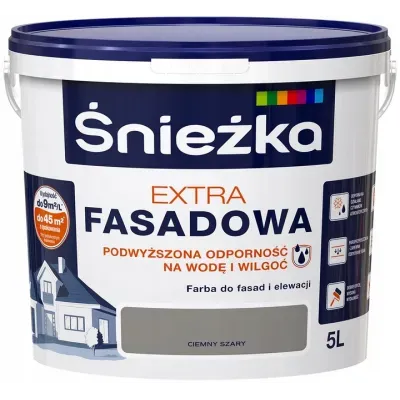 Farba akrylowa do fasad i wnętrz Śnieżka Extra Fasadowa daje matowe, trwałe, odporne na warunki atmosferyczne i w pełni pozwalające "oddychać ścianom" powłoki. Przeznaczona jest do ochronnego i dekoracyjnego malowania elewacji budynków i ścian wewnątrz pomieszczeń. Doskonale przyczepna do podłoży cementowych, cementowo-wapiennych, gipsowych, gipsowo-kartonowych, drewnianych i drewnopochodnych.

- fasady i wnętrza
- odporna na ścieranie
- trwałe i żywe kolory
- odporna na warunki atmosferyczne
- zapewnia "oddychanie ścian"