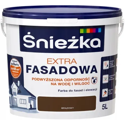 Farba akrylowa do fasad i wnętrz Śnieżka Extra Fasadowa daje matowe, trwałe, odporne na warunki atmosferyczne i w pełni pozwalające "oddychać ścianom" powłoki. Przeznaczona jest do ochronnego i dekoracyjnego malowania elewacji budynków i ścian wewnątrz pomieszczeń. Doskonale przyczepna do podłoży cementowych, cementowo-wapiennych, gipsowych, gipsowo-kartonowych, drewnianych i drewnopochodnych.

- fasady i wnętrza
- odporna na ścieranie
- trwałe i żywe kolory
- odporna na warunki atmosferyczne
- zapewnia "oddychanie ścian"