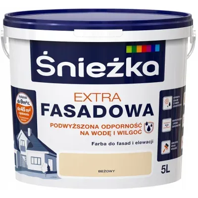Farba akrylowa do fasad i wnętrz Śnieżka Extra Fasadowa daje matowe, trwałe, odporne na warunki atmosferyczne i w pełni pozwalające "oddychać ścianom" powłoki. Przeznaczona jest do ochronnego i dekoracyjnego malowania elewacji budynków i ścian wewnątrz pomieszczeń. Doskonale przyczepna do podłoży cementowych, cementowo-wapiennych, gipsowych, gipsowo-kartonowych, drewnianych i drewnopochodnych.

- fasady i wnętrza
- odporna na ścieranie
- trwałe i żywe kolory
- odporna na warunki atmosferyczne
- zapewnia "oddychanie ścian"