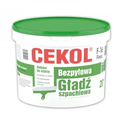 CEKOL F-16 Finisz jest gotową do użycia gładzią szpachlową, do obróbki metodą zacierania na mokro. Jest lekka do szlifowania, w przypadku zastosowania tradycyjnej metody obróbki. Produkt odpowiedni do nakładania ręcznego oraz mechanicznego za pomocą odpowiednich agregatów i narzędzi. Po wyschnięciu można malować wszystkimi rodzajami farb.
