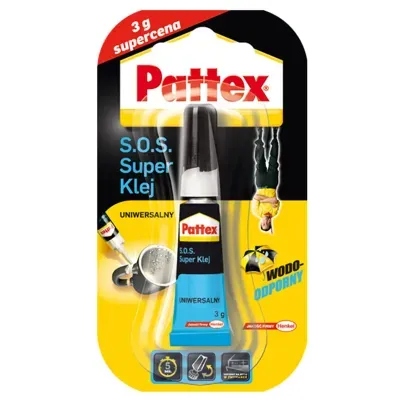 Pattex S.O.S. Super Klej Uniwersalny jest wodoodpornym, szybkoschnącym klejem cyjanoakrylowym o uniwersalnym zastosowaniu. Ulepszona formuła kleju sprawia, że jest on odporny na mycie w zmywarce. Dzięki jego płynnej konsystencji i niewielkiej tubce z aplikatorem precyzyjnie skleisz nawet najmniejszy element. Warto mieć go przy sobie na co dzień, poratuje Cię w wielu sytuacjach.