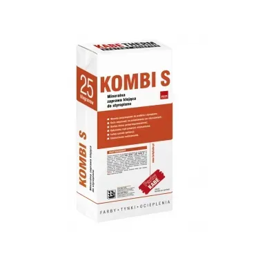 Zaprawa mineralna przeznaczona do przyklejania izolacyjnych płyt ze styropianu ekspandowanego do podłoża w systemach ociepleń KABE THERM RENO, KABE THERM AKORD i KABE THERM SM* i KABE THERM SM RENO. Do stosowania na wszelkich typowych podłożach mineralnych (jak np.: beton, beton komórkowy, tynk cementowy, cementowo-wapienny, piaskowiec oraz na surowych powierzchniach wykonanych z cegieł, bloczków, pustaków i innych tego typu materiałów ceramicznych lub silikatowych), jak i na podłożach pokrytych dobrze przylegającą powłoką farby elewacyjnej lub tynku cienkowarstwowego. (po uprzednim sprawdzeniu przyczepności stwardniałej zaprawy do podłoża). Zaprawa KOMBI S stosowana jest w technologii złożonego systemu izolacji cieplnej ścian zewnętrznych budynków - ETICS. Uwaga: Warstwę zbrojoną siatką z włókien szklanych należy wykonać przy użyciu zaprawy klejąco-szpachlowej KOMBI. W przypadku montażu systemu KABE THERM RENO na ścianie z istniejącym systemem ociepleń zalecamy zastosowanie zaprawy kl