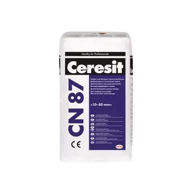 Ceresit CN 87 służy do wykonywania podkładów podłogowych: – związanych z podłożem cementowym, grubości od 10 do 80 mm, – na warstwie oddzielającej (np. folii, papie), grubości od 35 do 80 mm, – „pływających” na warstwie izolacji termicznej lub akustycznej, grubości od 45 do 80 mm. W przypadku ogrzewania podłogowego – minimalną grubość 45 mm należy zwiększyć o zewnętrzną średnicę przewodów ogrzewania. Zaprawa wymieszana z wodą ma konsystencję gęstoplastyczną, pozwalającą na formowanie spadków.
