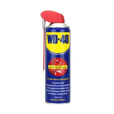 WD - 40 to wielofunkcyjny preparat, który: czyści i konserwuje, likwiduje skrzypienie i piski, usuwa wodę, poluzowuje zardzewiałe części, uwalnia zacinające się mechanizmy, zabezpiecza metalowe powierzchnie przed korozją. Nie zawiera silikonu.