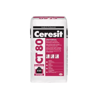 Zaprawa Ceresit CT 80 służy do ocieplania ścian zewnętrznych budynków metodą lekką-mokrą z zastosowaniem płyt styropianowych, XPS i wełny mineralnej. Jest składnikiem złożonych systemów ocieplania ścian zewnętrznych (ETICS) budynków Ceresit Ceretherm. Zaprawa Ceresit CT 80 stosowana jest zarówno do mocowania płyt styropianowych, XPS i płyt z wełny mineralnej, jak również do wykonywania ochronnej warstwy zbrojonej przy ocieplaniu budynków nowo wznoszonych, jak i poddawanych termorenowacji.