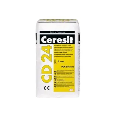 Ceresit CD 24 to drobnoziarnista, jednoskładnikowa szpachlówka do wyrównywania powierzchni betonowych i żelbetowych oraz wypełniania ubytków i miejsc uszkodzonych. Zakres stosowania wynosi do 5 mm. Jest odpowiednia do zamykania porów i szczelin, np. przed nakładaniem powłoki malarskiej. Ceresit CD 24 może być stosowana zarówno na powierzchniach pionowych jak i poziomych, wewnątrz i na zewnątrz budynków. Zaprawa może być stosowana na beton klasy powyżej C12/15. Ceresit CD 24 stanowi część systemu naprawy betonu Ceresit PCC. System Ceresit PCC służy do uzupełniania ubytków i reprofilacji balkonów oraz do wykonywania kompleksowych napraw różnego typu konstrukcji betonowych i żelbetowych. Umożliwia wykonywanie napraw konstrukcji w sytuacjach, gdy doszło do ich znacznej destrukcji pod wpływem uszkodzeń mechanicznych lub oddziaływania czynników korozyjnych. Nadaje się do naprawy elementów takich jak: balkony, wsporniki, słupy i dźwigary konstrukcyjne, stropy, itp.