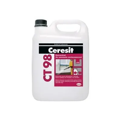Ceresit CT 98 zapewnia umycie i odtłuszczenie mocno zabrudzonych elewacji budynków wykonanych w technologii ETICS, wykończonych cienkowarstwowymi tynkami: mineralnymi, akrylowymi, silikatowymi, silikonowymi, silikatowo-silikonowymi, elastomerowymi, w technologiach tradycyjnych takich, jak tynki cementowo-wapienne, elewacji wykonanych z kamieni naturalnych, sztucznych czy wykończonych okładziną ceramiczną oraz elewacji wykonanych ze szkła i aluminium. Produkt jest składnikiem systemu Ceresit Ceretherm Repair. Po umyciu elewacji, przy użyciu koncentratu, powierzchnie można odnowić poprzez malowanie farbami Ceresit. CT 98 można także używać do umycia i odtłuszczenia powierzchniowo zabrudzonych posadzek mineralnych przed aplikowaniem kolejnych warstw posadzkowych. Usuwa oleje silnikowe, zaschnięty brud, sól drogową, sadzę i lekkie węglowodory.