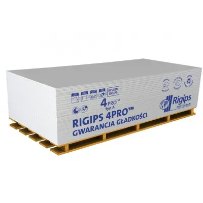 Płyta gipsowo-kartonowa RIGIPS 4PRO™ z nadrukowaną miarką posiada wszystkie 4 krawędzie spłaszczone. Technologia 4PRO™ wyklucza wykonywanie ciętych spoin poprzecznych, zapewniając brak zgrubień w miejscach łączeń, tą samą wytrzymałość co spoiny wzdłużne, ten sam wygląd, duże oszczędności mas oraz czasu, możliwość wykonywania spoin podłużnych i poprzecznych w jednym etapie, w przypadku szpachlowania całopowierzchniowego o wiele cieńszą warstwę materiału.
Płyty RIGIPS PRO typ A (GKB) 12,5 mm można montować w pomieszczeniach, w których wilgotność względna nie przekracza 70%. Przeznaczone są do wykonywania suchych tynków, okładzin na ścianach i sufitach oraz wykorzystywane są jako poszycie ażurowej konstrukcji ścian działowych i sufitów podwieszanych w lekkich systemach zabudowy wnętrz.