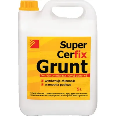 Super Cerfix Grunt jest oerodkiem bezwonnym, niepalnym, bezrozpuszczalnikowym, i wodorozcieńczalnym. Po wyschnięciu tworzy mocną przezroczystą powłokę przepuszczajacą parą wodną. Reguluje chłonnoość podłoża, poprawia krycie i nanoszenie farb. Może być stosowany w pomieszczeniach zamkniętych.