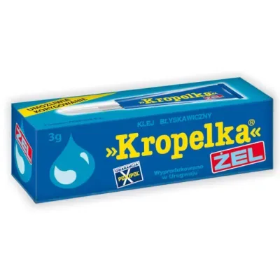 KROPELKA® Żel jest dostępna w tubce 3g. W sytuacji gdy potrzeba więcej czasu na dopasowanie sklejanych części zalecamy użycie kleju KROPELKA® Żel. Ma swoje zastosowanie w modelarstwie, wyróbie i naprawie biżuterii, ozdób z ceramiki i porcelany oraz zabawek, naprawie zastawy stołowej, węży gumowych, łączy śruby i nakrętki, zabezpiecza wiązania żyłek wędkarskich, plastykowych przyrządów, itp. Nie klei polietylenu ani polipropylenu. Nie wypełnia ubytków. 