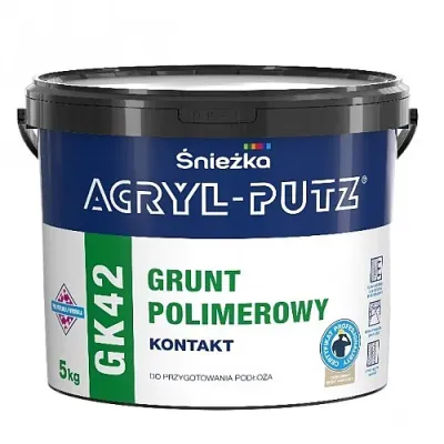 ACRYL-PUTZ GK42 GRUNT POLIMEROWY KONTAKT to preparat, którego zadaniem jest stworzenie powłoki sczepnej dla nakładanych później wyrobów na podłożach gładkich i śliskich. Umożliwia to jego specjalna receptura w składzie której znajduje się m.in. odpowiednia żywica, a także kruszywo kwarcowe nadające powłoce szorstką strukturę.