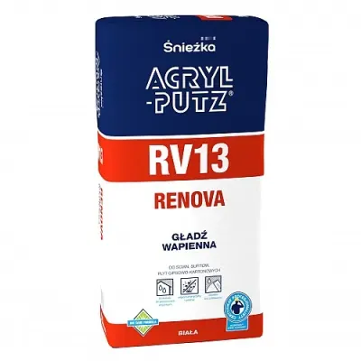 ACRYL-PUTZ RV13 RENOVA Przeznaczona jest do wykonywania gładzi warstwami o grubości od 1 do 3 mm na tynkach wapiennych, cementowo-wapiennych oraz na powierzchniach betonowych. Zalecana zarówno do pomieszczeń suchych, jak i wilgotnych.