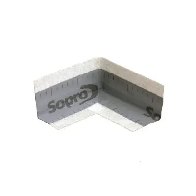 Narożniki uszczelniające z elastomerowej taśmy uszczelniającej, wzmocnione flizeliną do elastycznego i wodoszczelnego uszczelniania szczelin dylatacyjnych­ i złączeniowych w narożach zewnętrznych i wewnętrznych. Stosuje się razem z taśmą Sopro DBF 638.