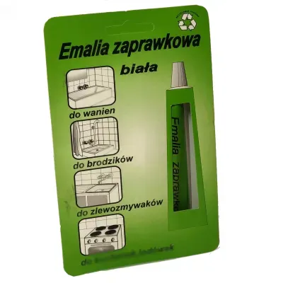 Biała emalia zaprawkowa do napraw drobnych ubytków w powierzchniach emaliowanych wanien i brodzików, a także lodówek piecyków itp. Wewnątrz opakowania pędzelek do nanoszenia emalii. Zawiera ok 15 g produktu.