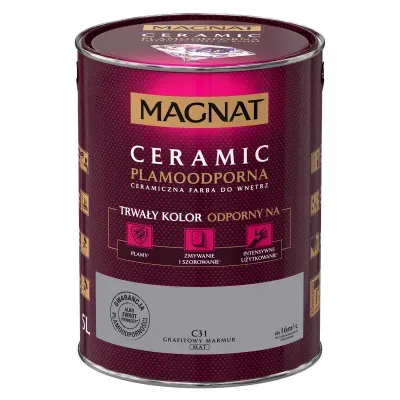 MAGNAT CERAMIC, ceramiczna farba do wnętrz, wyprodukowana przy wykorzystaniu innowacyjnej technologii CERAMIC SYSTEM bazującej na ceramicznych komponentach oraz najwyższej jakości żywicach i pigmentach. Ta unikalna formuła zapewnia farbie MAGNAT trwały kolor odporny na: plamy, zmywanie i szorowanie oraz intensywne użytkowanie. Powłoki farby nie absorbują zabrudzeń i „trudnych” plam oraz są odporne na dezynfektanty.