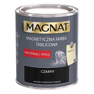 - 2w1 Łączy zalety farby magnetycznej i tablicowej
- Idealna na różnorodne powierzchnie
- Duża siła przyciągania magnesów
- Łatwa aplikacja i optymalna wydajność

Magnat Magnetyczna Farba Tablicowa to wodorozcieńczalna, matowa farba, pozwalająca przygotować powierzchnię przyciągającą magnesy, oraz pisać po niej kredą (najlepiej używać magnesów neodymowych). Tworzy trwałe i odporne na wielokrotne zmywanie powłoki. Produkt charakteryzuje się znikomym zapachem i jest w pełni bezpieczny dla otoczenia. Z pomocą Magnetycznej Farby Tablicowej w łatwy sposób można dekorować ściany i meble zdjęciami, literami, unikając stosowania pinezek, kleju czy taśmy, dzięki czemu nie niszczymy malowanych miejsc. Farba doskonale sprawdza się w biurach i salach konferencyjnych, gdzie pomalowane nią powierzchnie są idealnym miejscem dla rysunków, notatek czy wykresów.