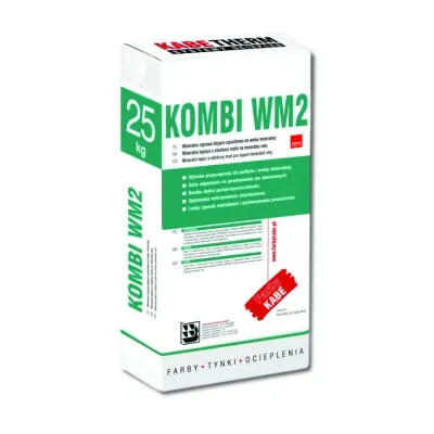 Zaprawa przeznaczona do wykonywania warstwy zbrojonej siatką z włókien szklanych na płytach z wełny mineralnej oraz do przyklejania płyt z wełny mineralnej w systemie ociepleń KABE THERM MW*. Zaprawa KOMBI WM2 stosowana
jest w technologii złożonego systemu izolacji cieplnej ścian zewnętrznych budynków - ETICS.