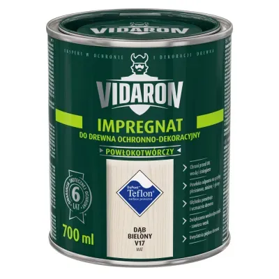 Nowoczesny impregnat do ochronno-dekoracyjnego malowania drewna na zewnątrz i wewnątrz pomieszczeń. Zabezpiecza drewno przed niszczącymi warunkami atmosferycznymi, dodatkowo tworzy na powierzchni drewna ochronną powłokę odporną na biokorozję - sinizna, grzyby pleśniowe. W połączeniu z bezbarwnym Impregnatem Ochronnym VIDARON zapewnia pełną ochronę drewna.