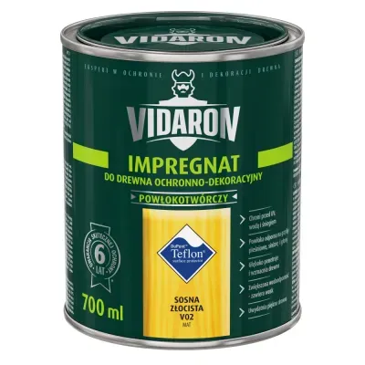 Nowoczesny impregnat do ochronno-dekoracyjnego malowania drewna na zewnątrz i wewnątrz pomieszczeń. Zabezpiecza drewno przed niszczącymi warunkami atmosferycznymi, dodatkowo tworzy na powierzchni drewna ochronną powłokę odporną na biokorozję - sinizna, grzyby pleśniowe. W połączeniu z bezbarwnym Impregnatem Ochronnym VIDARON zapewnia pełną ochronę drewna.