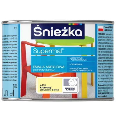 SUPERMAL® Emalia akrylowa przeznaczona jest do dekoracyjno-ochronnego malowania drewna, materiałów drewnopochodnych, tynków oraz elementów stalowych i żeliwnych użytkowanych wewnątrz i na zewnątrz pomieszczeń, takich jak: drzwi, okna, meble itp. Rekomendowana jest do malowania zabawek i elementów wyposażenia placów zabaw.
- Łagodny zapach.
- Łatwa aplikacja.
- Wodorozcieńczalna.
- Szybkie wysychanie.
- Odporność na działanie czynników atmosferycznych.
- Zwiększona trwałość powłoki.
- Doskonałe krycie i przyczepność do podłoża.
- Produkt spełnia wymogi w zakresie palności określone w punktach 4.1, 4.4 i 5.4 normy bezpieczeństwa zabawek PN-EN 71-2+A1:2014-06 oraz w zakresie części 3 Migracja określonych pierwiastków normy PN-EN 71-3+A1:2014-12.