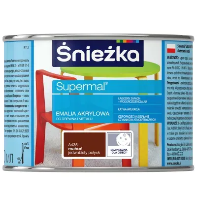 SUPERMAL® Emalia akrylowa przeznaczona jest do dekoracyjno-ochronnego malowania drewna, materiałów drewnopochodnych, tynków oraz elementów stalowych i żeliwnych użytkowanych wewnątrz i na zewnątrz pomieszczeń, takich jak: drzwi, okna, meble itp. Rekomendowana jest do malowania zabawek i elementów wyposażenia placów zabaw.
- Łagodny zapach.
- Łatwa aplikacja.
- Wodorozcieńczalna.
- Szybkie wysychanie.
- Odporność na działanie czynników atmosferycznych.
- Zwiększona trwałość powłoki.
- Doskonałe krycie i przyczepność do podłoża.
- Produkt spełnia wymogi w zakresie palności określone w punktach 4.1, 4.4 i 5.4 normy bezpieczeństwa zabawek PN-EN 71-2+A1:2014-06 oraz w zakresie części 3 Migracja określonych pierwiastków normy PN-EN 71-3+A1:2014-12.