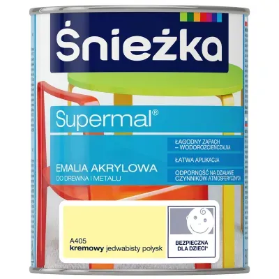SUPERMAL® Emalia akrylowa przeznaczona jest do dekoracyjno-ochronnego malowania drewna, materiałów drewnopochodnych, tynków oraz elementów stalowych i żeliwnych użytkowanych wewnątrz i na zewnątrz pomieszczeń, takich jak: drzwi, okna, meble itp. Rekomendowana jest do malowania zabawek i elementów wyposażenia placów zabaw.
- Łagodny zapach.
- Łatwa aplikacja.
- Wodorozcieńczalna.
- Szybkie wysychanie.
- Odporność na działanie czynników atmosferycznych.
- Zwiększona trwałość powłoki.
- Doskonałe krycie i przyczepność do podłoża.
- Produkt spełnia wymogi w zakresie palności określone w punktach 4.1, 4.4 i 5.4 normy bezpieczeństwa zabawek PN-EN 71-2+A1:2014-06 oraz w zakresie części 3 Migracja określonych pierwiastków normy PN-EN 71-3+A1:2014-12.
