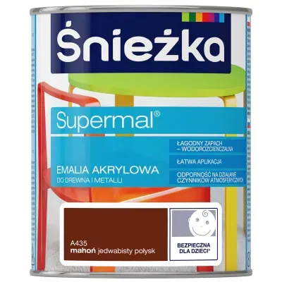 SUPERMAL® Emalia akrylowa przeznaczona jest do dekoracyjno-ochronnego malowania drewna, materiałów drewnopochodnych, tynków oraz elementów stalowych i żeliwnych użytkowanych wewnątrz i na zewnątrz pomieszczeń, takich jak: drzwi, okna, meble itp. Rekomendowana jest do malowania zabawek i elementów wyposażenia placów zabaw.
- Łagodny zapach.
- Łatwa aplikacja.
- Wodorozcieńczalna.
- Szybkie wysychanie.
- Odporność na działanie czynników atmosferycznych.
- Zwiększona trwałość powłoki.
- Doskonałe krycie i przyczepność do podłoża.
- Produkt spełnia wymogi w zakresie palności określone w punktach 4.1, 4.4 i 5.4 normy bezpieczeństwa zabawek PN-EN 71-2+A1:2014-06 oraz w zakresie części 3 Migracja określonych pierwiastków normy PN-EN 71-3+A1:2014-12.