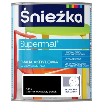 SUPERMAL® Emalia akrylowa przeznaczona jest do dekoracyjno-ochronnego malowania drewna, materiałów drewnopochodnych, tynków oraz elementów stalowych i żeliwnych użytkowanych wewnątrz i na zewnątrz pomieszczeń, takich jak: drzwi, okna, meble itp. Rekomendowana jest do malowania zabawek i elementów wyposażenia placów zabaw.
- Łagodny zapach.
- Łatwa aplikacja.
- Wodorozcieńczalna.
- Szybkie wysychanie.
- Odporność na działanie czynników atmosferycznych.
- Zwiększona trwałość powłoki.
- Doskonałe krycie i przyczepność do podłoża.
- Produkt spełnia wymogi w zakresie palności określone w punktach 4.1, 4.4 i 5.4 normy bezpieczeństwa zabawek PN-EN 71-2+A1:2014-06 oraz w zakresie części 3 Migracja określonych pierwiastków normy PN-EN 71-3+A1:2014-12.