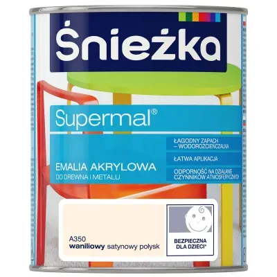 SUPERMAL® Emalia akrylowa przeznaczona jest do dekoracyjno-ochronnego malowania drewna, materiałów drewnopochodnych, tynków oraz elementów stalowych i żeliwnych użytkowanych wewnątrz i na zewnątrz pomieszczeń, takich jak: drzwi, okna, meble itp. Rekomendowana jest do malowania zabawek i elementów wyposażenia placów zabaw.
- Łagodny zapach.
- Łatwa aplikacja.
- Wodorozcieńczalna.
- Szybkie wysychanie.
- Odporność na działanie czynników atmosferycznych.
- Zwiększona trwałość powłoki.
- Doskonałe krycie i przyczepność do podłoża.
- Produkt spełnia wymogi w zakresie palności określone w punktach 4.1, 4.4 i 5.4 normy bezpieczeństwa zabawek PN-EN 71-2+A1:2014-06 oraz w zakresie części 3 Migracja określonych pierwiastków normy PN-EN 71-3+A1:2014-12.