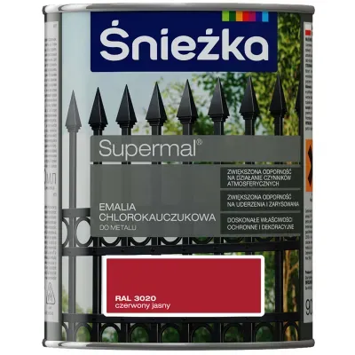 SUPERMAL® Emalia chlorokauczukowa zalecana jest do dekoracyjno-ochronnego malowania elementów stalowych i żeliwnych eksploatowanych na zewnątrz pomieszczeń, szczególnie narażonych na działanie czynników atmosferycznych takich jak: konstrukcje budowlane,  ogrodzenia,  balustrady, urządzenia mechaniczne  itp. Może być stosowana także do dekoracyjnego malowania podłoży betonowych i tynków cementowo-wapiennych nie narażonych na ścieranie.
- Zwiększona odporność na działanie czynników atmosferycznych.
- Zwiększona odporność na uderzenia i zarysowania.
- Doskonałe właściwości ochronne i dekoracyjne.