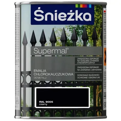 SUPERMAL® Emalia chlorokauczukowa zalecana jest do dekoracyjno-ochronnego malowania elementów stalowych i żeliwnych eksploatowanych na zewnątrz pomieszczeń, szczególnie narażonych na działanie czynników atmosferycznych takich jak: konstrukcje budowlane,  ogrodzenia,  balustrady, urządzenia mechaniczne  itp. Może być stosowana także do dekoracyjnego malowania podłoży betonowych i tynków cementowo-wapiennych nie narażonych na ścieranie.
- Zwiększona odporność na działanie czynników atmosferycznych.
- Zwiększona odporność na uderzenia i zarysowania.
- Doskonałe właściwości ochronne i dekoracyjne.