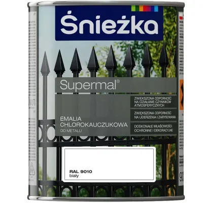 SUPERMAL® Emalia chlorokauczukowa zalecana jest do dekoracyjno-ochronnego malowania elementów stalowych i żeliwnych eksploatowanych na zewnątrz pomieszczeń, szczególnie narażonych na działanie czynników atmosferycznych takich jak: konstrukcje budowlane,  ogrodzenia,  balustrady, urządzenia mechaniczne  itp. Może być stosowana także do dekoracyjnego malowania podłoży betonowych i tynków cementowo-wapiennych nie narażonych na ścieranie.
- Zwiększona odporność na działanie czynników atmosferycznych.
- Zwiększona odporność na uderzenia i zarysowania.
- Doskonałe właściwości ochronne i dekoracyjne.