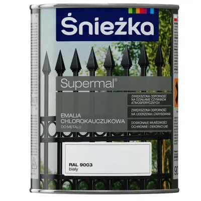 SUPERMAL® Emalia chlorokauczukowa zalecana jest do dekoracyjno-ochronnego malowania elementów stalowych i żeliwnych eksploatowanych na zewnątrz pomieszczeń, szczególnie narażonych na działanie czynników atmosferycznych takich jak: konstrukcje budowlane,  ogrodzenia,  balustrady, urządzenia mechaniczne  itp. Może być stosowana także do dekoracyjnego malowania podłoży betonowych i tynków cementowo-wapiennych nie narażonych na ścieranie.
- Zwiększona odporność na działanie czynników atmosferycznych.
- Zwiększona odporność na uderzenia i zarysowania.
- Doskonałe właściwości ochronne i dekoracyjne.