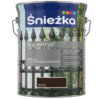 SUPERMAL® Emalia chlorokauczukowa zalecana jest do dekoracyjno-ochronnego malowania elementów stalowych i żeliwnych eksploatowanych na zewnątrz pomieszczeń, szczególnie narażonych na działanie czynników atmosferycznych takich jak: konstrukcje budowlane,  ogrodzenia,  balustrady, urządzenia mechaniczne  itp. Może być stosowana także do dekoracyjnego malowania podłoży betonowych i tynków cementowo-wapiennych nie narażonych na ścieranie.
- Zwiększona odporność na działanie czynników atmosferycznych.
- Zwiększona odporność na uderzenia i zarysowania.
- Doskonałe właściwości ochronne i dekoracyjne.