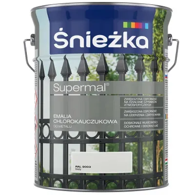 SUPERMAL® Emalia chlorokauczukowa zalecana jest do dekoracyjno-ochronnego malowania elementów stalowych i żeliwnych eksploatowanych na zewnątrz pomieszczeń, szczególnie narażonych na działanie czynników atmosferycznych takich jak: konstrukcje budowlane,  ogrodzenia,  balustrady, urządzenia mechaniczne  itp. Może być stosowana także do dekoracyjnego malowania podłoży betonowych i tynków cementowo-wapiennych nie narażonych na ścieranie.
- Zwiększona odporność na działanie czynników atmosferycznych.
- Zwiększona odporność na uderzenia i zarysowania.
- Doskonałe właściwości ochronne i dekoracyjne.