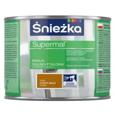 SUPERMAL® Emalia olejno-ftalowa stosowana jest do dekoracyjno-ochronnego malowania drewna, materiałów drewnopochodnych, tynków oraz elementów stalowych i żeliwnych użytkowanych wewnątrz i na zewnątrz pomieszczeń, takich jak: okna, drzwi, meble, ogrodzenia, lamperie itp. Polecana do stosowania w pomieszczeniach mieszkalnych, przeznaczonych na stały pobyt chorych w budynkach służby zdrowia oraz przeznaczonych na stały pobyt dzieci i młodzieży w budynkach oświaty, a także w pomieszczeniach przeznaczonych do przechowywania produktów żywnościowych (bez bezpośredniego kontaktu z żywnością).
- Emalia odporna na środki dezynfekujące*.
- Spełnia wymagania pomieszczeń użyteczności publicznej i służby zdrowia.
- Odporna na czynniki mechaniczne i atmosferyczne.
- Trwałe i żywe kolory.
- Doskonała wydajność i krycie.
- Trudno zapalna powłoka - klasa palności D-s1, d0.

*badania przeprowadzono na wybranych próbkach dezynfektantów