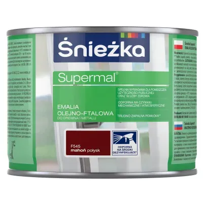 SUPERMAL® Emalia olejno-ftalowa stosowana jest do dekoracyjno-ochronnego malowania drewna, materiałów drewnopochodnych, tynków oraz elementów stalowych i żeliwnych użytkowanych wewnątrz i na zewnątrz pomieszczeń, takich jak: okna, drzwi, meble, ogrodzenia, lamperie itp. Polecana do stosowania w pomieszczeniach mieszkalnych, przeznaczonych na stały pobyt chorych w budynkach służby zdrowia oraz przeznaczonych na stały pobyt dzieci i młodzieży w budynkach oświaty, a także w pomieszczeniach przeznaczonych do przechowywania produktów żywnościowych (bez bezpośredniego kontaktu z żywnością).
- Emalia odporna na środki dezynfekujące*.
- Spełnia wymagania pomieszczeń użyteczności publicznej i służby zdrowia.
- Odporna na czynniki mechaniczne i atmosferyczne.
- Trwałe i żywe kolory.
- Doskonała wydajność i krycie.
- Trudno zapalna powłoka - klasa palności D-s1, d0.

*badania przeprowadzono na wybranych próbkach dezynfektantów