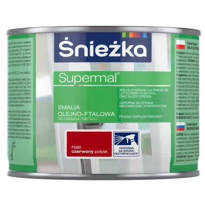 SUPERMAL® Emalia olejno-ftalowa stosowana jest do dekoracyjno-ochronnego malowania drewna, materiałów drewnopochodnych, tynków oraz elementów stalowych i żeliwnych użytkowanych wewnątrz i na zewnątrz pomieszczeń, takich jak: okna, drzwi, meble, ogrodzenia, lamperie itp. Polecana do stosowania w pomieszczeniach mieszkalnych, przeznaczonych na stały pobyt chorych w budynkach służby zdrowia oraz przeznaczonych na stały pobyt dzieci i młodzieży w budynkach oświaty, a także w pomieszczeniach przeznaczonych do przechowywania produktów żywnościowych (bez bezpośredniego kontaktu z żywnością).
- Emalia odporna na środki dezynfekujące*.
- Spełnia wymagania pomieszczeń użyteczności publicznej i służby zdrowia.
- Odporna na czynniki mechaniczne i atmosferyczne.
- Trwałe i żywe kolory.
- Doskonała wydajność i krycie.
- Trudno zapalna powłoka - klasa palności D-s1, d0.

*badania przeprowadzono na wybranych próbkach dezynfektantów