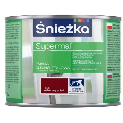 SUPERMAL® Emalia olejno-ftalowa stosowana jest do dekoracyjno-ochronnego malowania drewna, materiałów drewnopochodnych, tynków oraz elementów stalowych i żeliwnych użytkowanych wewnątrz i na zewnątrz pomieszczeń, takich jak: okna, drzwi, meble, ogrodzenia, lamperie itp. Polecana do stosowania w pomieszczeniach mieszkalnych, przeznaczonych na stały pobyt chorych w budynkach służby zdrowia oraz przeznaczonych na stały pobyt dzieci i młodzieży w budynkach oświaty, a także w pomieszczeniach przeznaczonych do przechowywania produktów żywnościowych (bez bezpośredniego kontaktu z żywnością).
- Emalia odporna na środki dezynfekujące*.
- Spełnia wymagania pomieszczeń użyteczności publicznej i służby zdrowia.
- Odporna na czynniki mechaniczne i atmosferyczne.
- Trwałe i żywe kolory.
- Doskonała wydajność i krycie.
- Trudno zapalna powłoka - klasa palności D-s1, d0.

*badania przeprowadzono na wybranych próbkach dezynfektantów