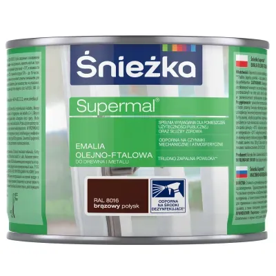 SUPERMAL® Emalia olejno-ftalowa stosowana jest do dekoracyjno-ochronnego malowania drewna, materiałów drewnopochodnych, tynków oraz elementów stalowych i żeliwnych użytkowanych wewnątrz i na zewnątrz pomieszczeń, takich jak: okna, drzwi, meble, ogrodzenia, lamperie itp. Polecana do stosowania w pomieszczeniach mieszkalnych, przeznaczonych na stały pobyt chorych w budynkach służby zdrowia oraz przeznaczonych na stały pobyt dzieci i młodzieży w budynkach oświaty, a także w pomieszczeniach przeznaczonych do przechowywania produktów żywnościowych (bez bezpośredniego kontaktu z żywnością).
- Emalia odporna na środki dezynfekujące*.
- Spełnia wymagania pomieszczeń użyteczności publicznej i służby zdrowia.
- Odporna na czynniki mechaniczne i atmosferyczne.
- Trwałe i żywe kolory.
- Doskonała wydajność i krycie.
- Trudno zapalna powłoka - klasa palności D-s1, d0.

*badania przeprowadzono na wybranych próbkach dezynfektantów