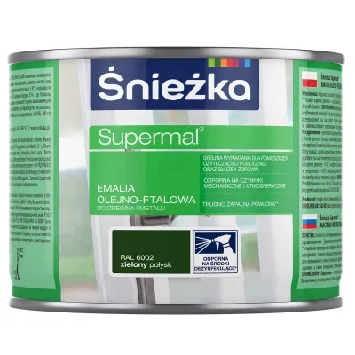SUPERMAL® Emalia olejno-ftalowa stosowana jest do dekoracyjno-ochronnego malowania drewna, materiałów drewnopochodnych, tynków oraz elementów stalowych i żeliwnych użytkowanych wewnątrz i na zewnątrz pomieszczeń, takich jak: okna, drzwi, meble, ogrodzenia, lamperie itp. Polecana do stosowania w pomieszczeniach mieszkalnych, przeznaczonych na stały pobyt chorych w budynkach służby zdrowia oraz przeznaczonych na stały pobyt dzieci i młodzieży w budynkach oświaty, a także w pomieszczeniach przeznaczonych do przechowywania produktów żywnościowych (bez bezpośredniego kontaktu z żywnością).
- Emalia odporna na środki dezynfekujące*.
- Spełnia wymagania pomieszczeń użyteczności publicznej i służby zdrowia.
- Odporna na czynniki mechaniczne i atmosferyczne.
- Trwałe i żywe kolory.
- Doskonała wydajność i krycie.
- Trudno zapalna powłoka - klasa palności D-s1, d0.

*badania przeprowadzono na wybranych próbkach dezynfektantów