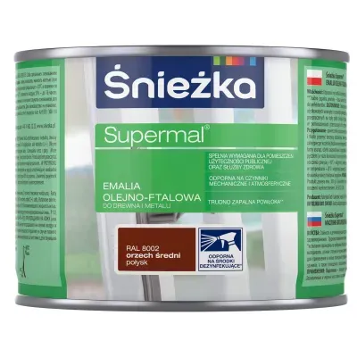 SUPERMAL® Emalia olejno-ftalowa stosowana jest do dekoracyjno-ochronnego malowania drewna, materiałów drewnopochodnych, tynków oraz elementów stalowych i żeliwnych użytkowanych wewnątrz i na zewnątrz pomieszczeń, takich jak: okna, drzwi, meble, ogrodzenia, lamperie itp. Polecana do stosowania w pomieszczeniach mieszkalnych, przeznaczonych na stały pobyt chorych w budynkach służby zdrowia oraz przeznaczonych na stały pobyt dzieci i młodzieży w budynkach oświaty, a także w pomieszczeniach przeznaczonych do przechowywania produktów żywnościowych (bez bezpośredniego kontaktu z żywnością).
- Emalia odporna na środki dezynfekujące*.
- Spełnia wymagania pomieszczeń użyteczności publicznej i służby zdrowia.
- Odporna na czynniki mechaniczne i atmosferyczne.
- Trwałe i żywe kolory.
- Doskonała wydajność i krycie.
- Trudno zapalna powłoka - klasa palności D-s1, d0.

*badania przeprowadzono na wybranych próbkach dezynfektantów