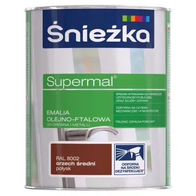SUPERMAL® Emalia olejno-ftalowa stosowana jest do dekoracyjno-ochronnego malowania drewna, materiałów drewnopochodnych, tynków oraz elementów stalowych i żeliwnych użytkowanych wewnątrz i na zewnątrz pomieszczeń, takich jak: okna, drzwi, meble, ogrodzenia, lamperie itp. Polecana do stosowania w pomieszczeniach mieszkalnych, przeznaczonych na stały pobyt chorych w budynkach służby zdrowia oraz przeznaczonych na stały pobyt dzieci i młodzieży w budynkach oświaty, a także w pomieszczeniach przeznaczonych do przechowywania produktów żywnościowych (bez bezpośredniego kontaktu z żywnością).
- Emalia odporna na środki dezynfekujące*.
- Spełnia wymagania pomieszczeń użyteczności publicznej i służby zdrowia.
- Odporna na czynniki mechaniczne i atmosferyczne.
- Trwałe i żywe kolory.
- Doskonała wydajność i krycie.
- Trudno zapalna powłoka - klasa palności D-s1, d0.

*badania przeprowadzono na wybranych próbkach dezynfektantów