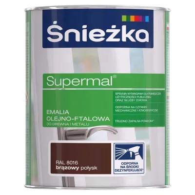 SUPERMAL® Emalia olejno-ftalowa stosowana jest do dekoracyjno-ochronnego malowania drewna, materiałów drewnopochodnych, tynków oraz elementów stalowych i żeliwnych użytkowanych wewnątrz i na zewnątrz pomieszczeń, takich jak: okna, drzwi, meble, ogrodzenia, lamperie itp. Polecana do stosowania w pomieszczeniach mieszkalnych, przeznaczonych na stały pobyt chorych w budynkach służby zdrowia oraz przeznaczonych na stały pobyt dzieci i młodzieży w budynkach oświaty, a także w pomieszczeniach przeznaczonych do przechowywania produktów żywnościowych (bez bezpośredniego kontaktu z żywnością).
- Emalia odporna na środki dezynfekujące*.
- Spełnia wymagania pomieszczeń użyteczności publicznej i służby zdrowia.
- Odporna na czynniki mechaniczne i atmosferyczne.
- Trwałe i żywe kolory.
- Doskonała wydajność i krycie.
- Trudno zapalna powłoka - klasa palności D-s1, d0.

*badania przeprowadzono na wybranych próbkach dezynfektantów